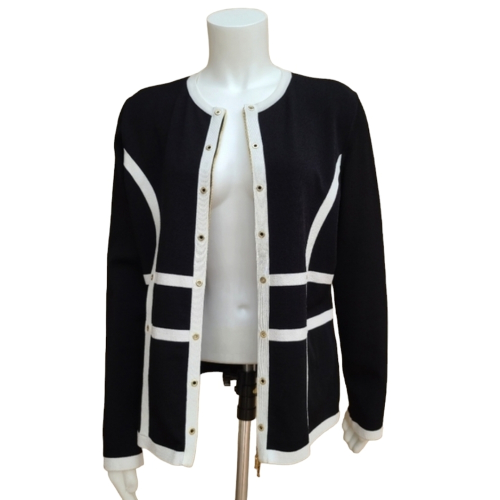 ESCADA Contrast Striped Santana Knit Jacket L Top Sweater Cardigan Travel VTG - Picture 3 of 15
